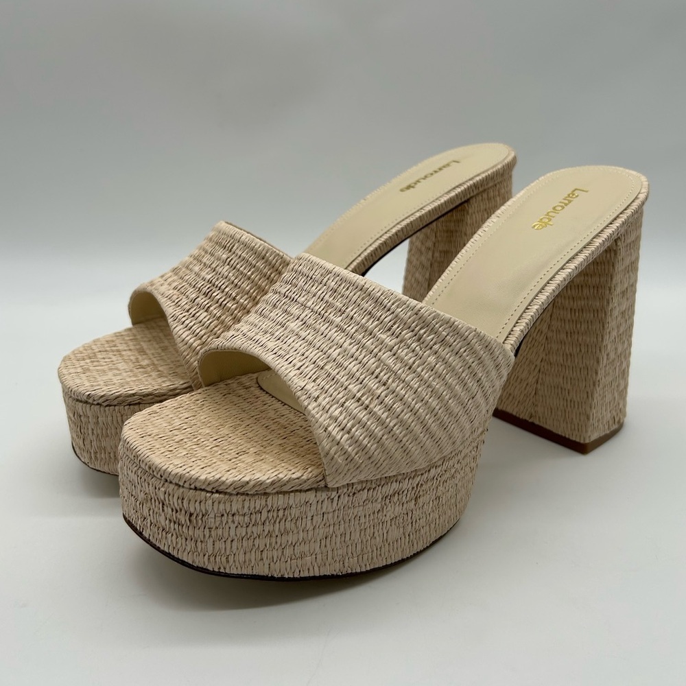 Larroudé Dolly Mule Raffia Platform Block Heels Beach Size 11New With Box - Picture 5 of 13